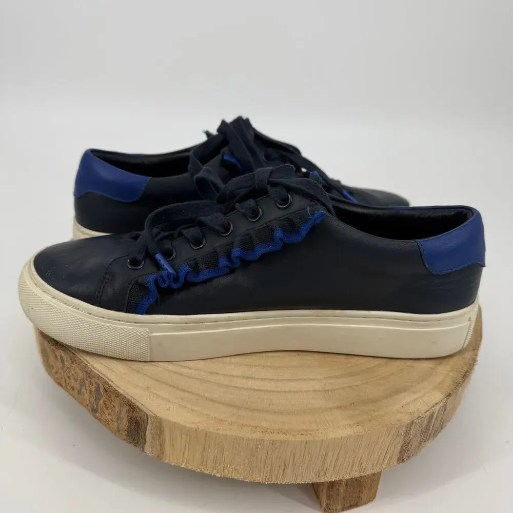 Tory Burch Sport Ruffled Sneakers Size 6.5 Navy Blue Minimalist Leather Feminine